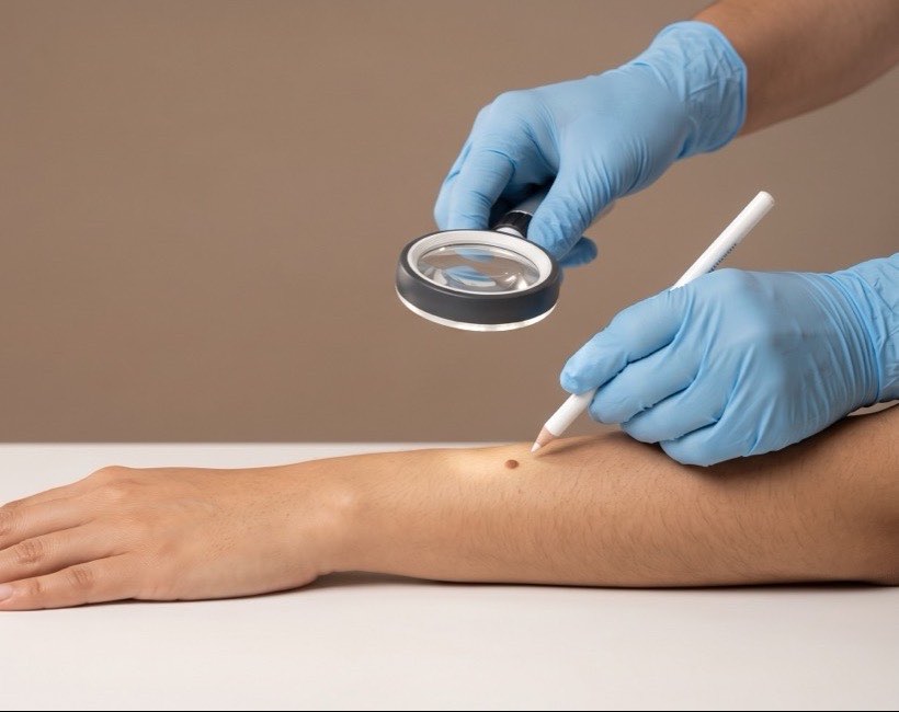 Revisión de una lesión de la piel con lupa dermatológica